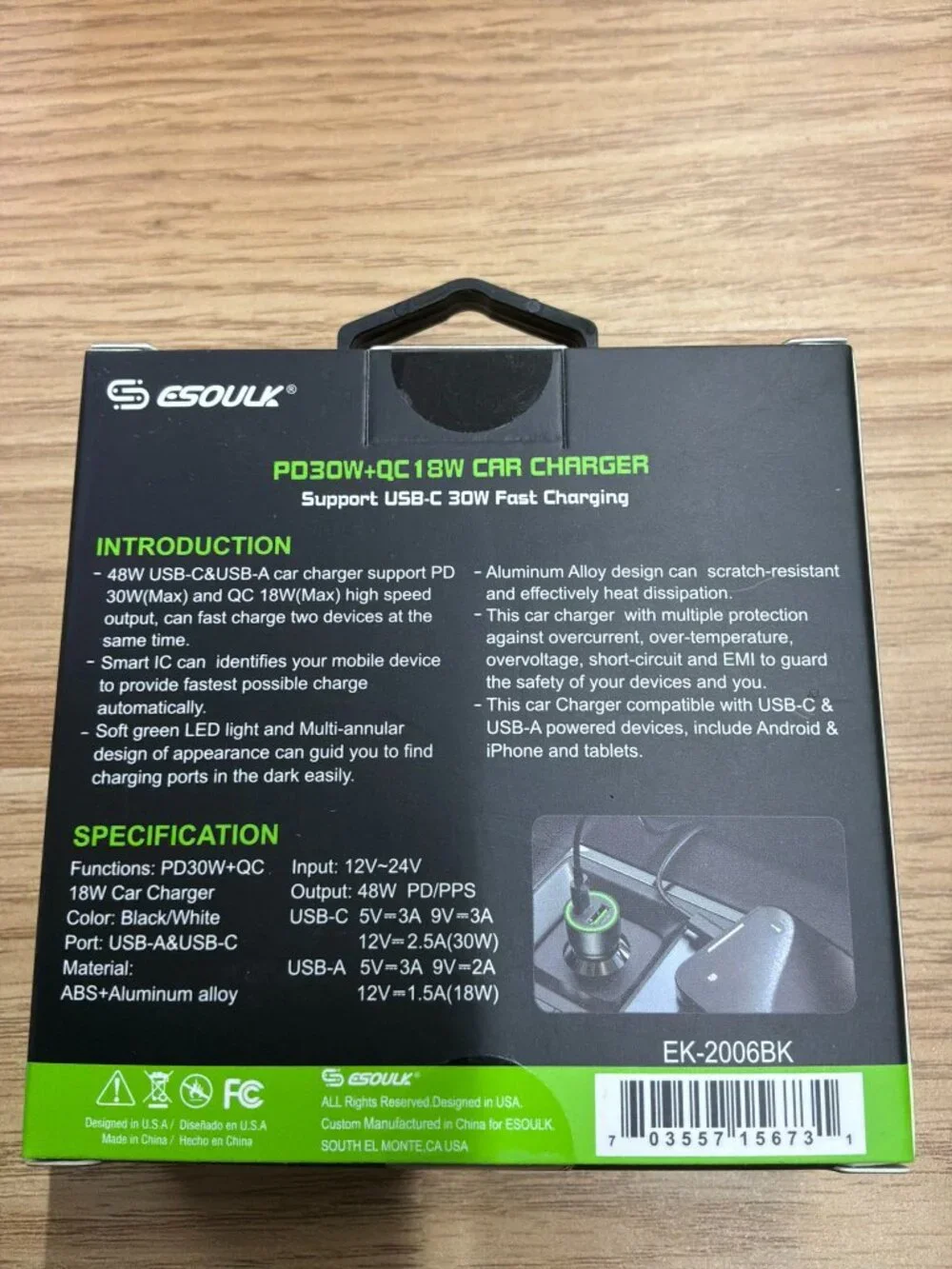 ESoulk 48W Fast Car Charger PD30W + QC 18W USB-C & USB-A | New